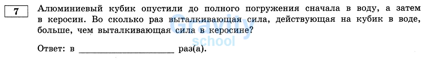 Во сколько раз выталкивающая сила, действующая на кубик в воде больше, чем выталкивающая сила в керосине? (24)