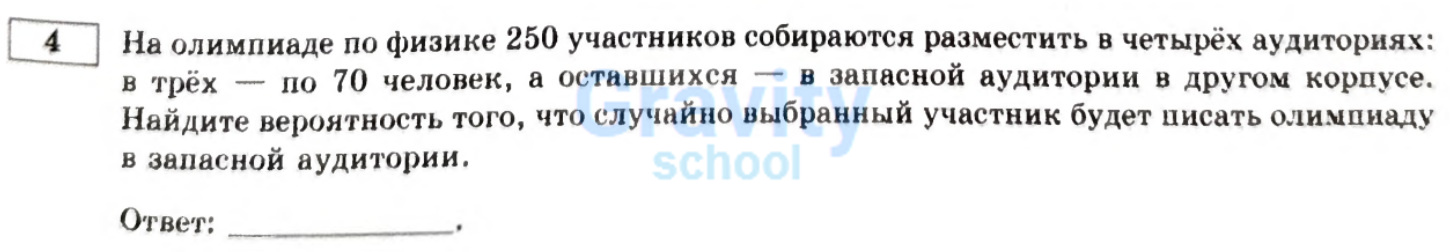 Найдите вероятность того, что случайно выбранный участник будет писать олимпиаду в запасной аудитории (15)