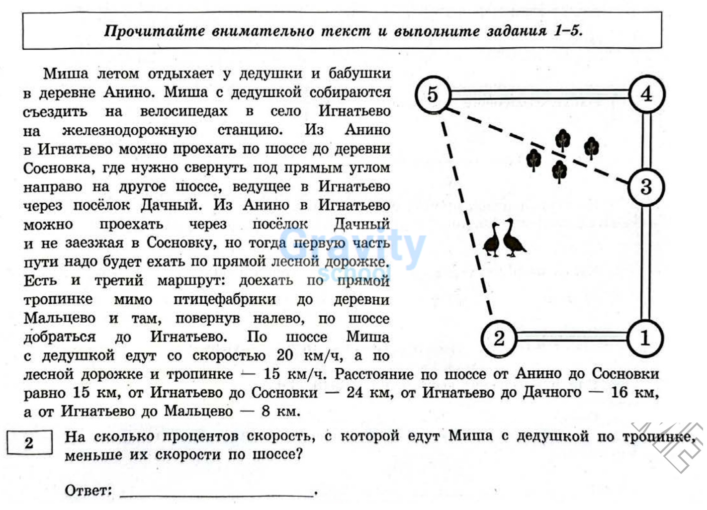 На сколько процентов скорость, с которой едут Миша с дедушкой по тропинке, меньше их скорости по шоссе? (29)