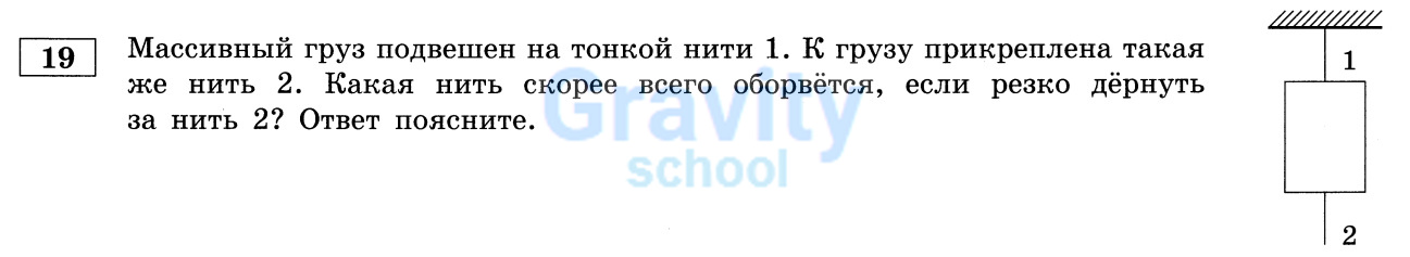 Какая нить скорее всего оборвётся, если резко дёрнуть за нить 2? (25)