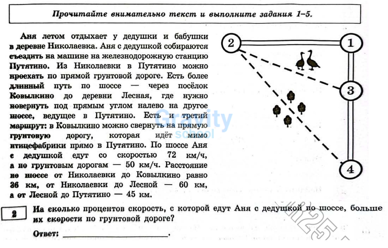 На сколько процентов скорость, с которой едут Аня с дедушкой по шоссе, больше их скорости по грунтовой дороге? (30)
