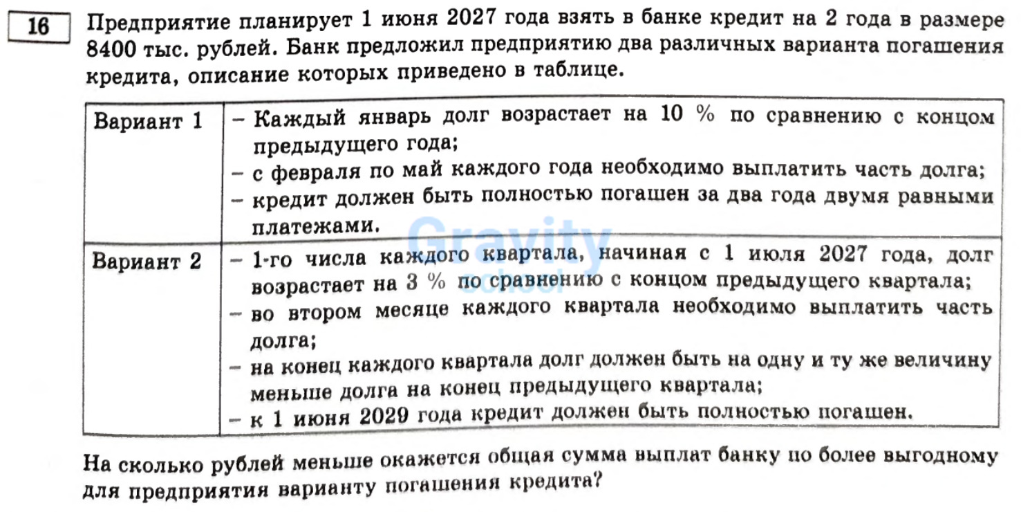 На сколько рублей меньше окажется общая сумма выплат банку по более выгодному для предприятия варианту погашения кредита? (15)