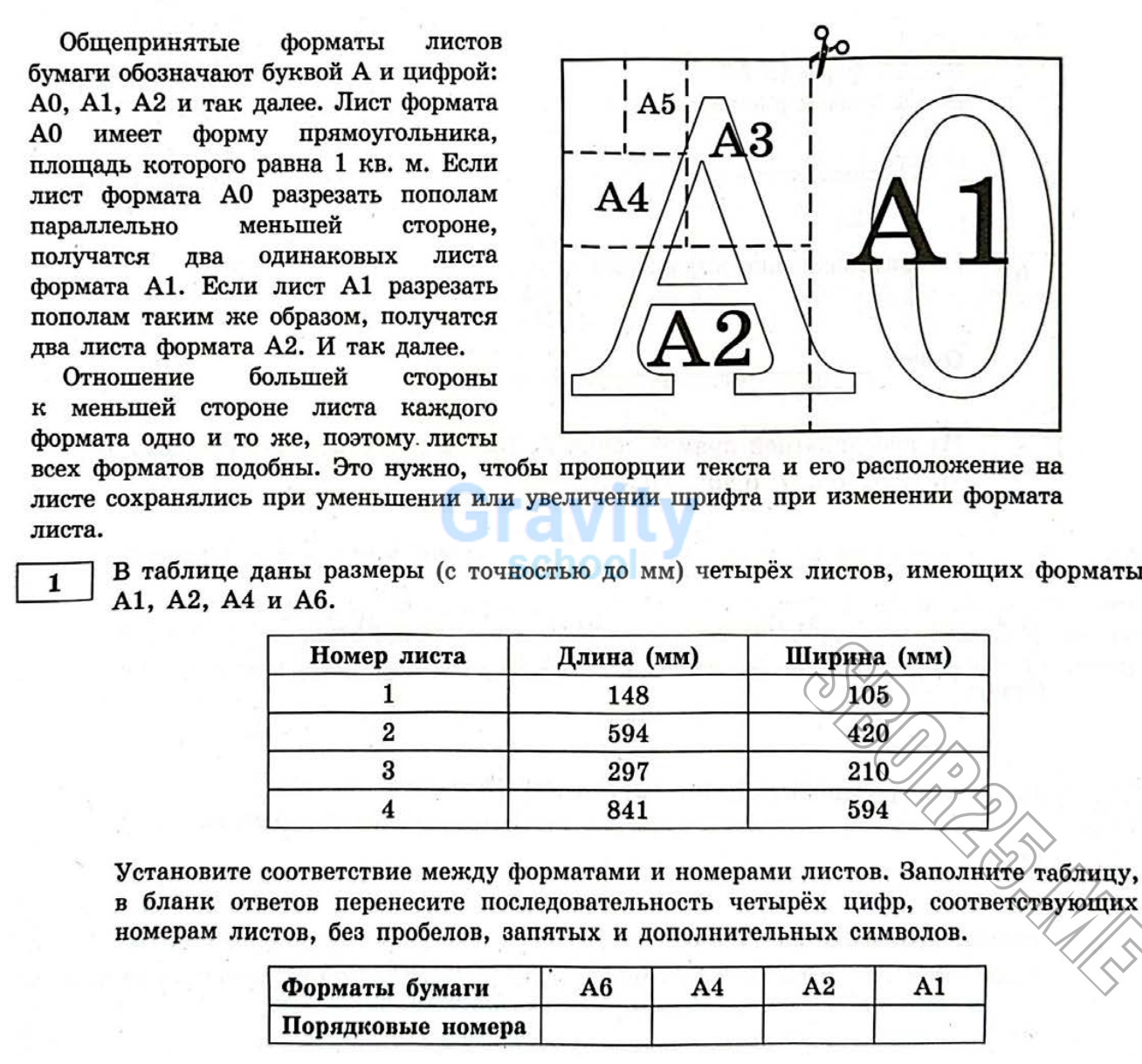 Установите соответствие между форматами и номерами листов (6)